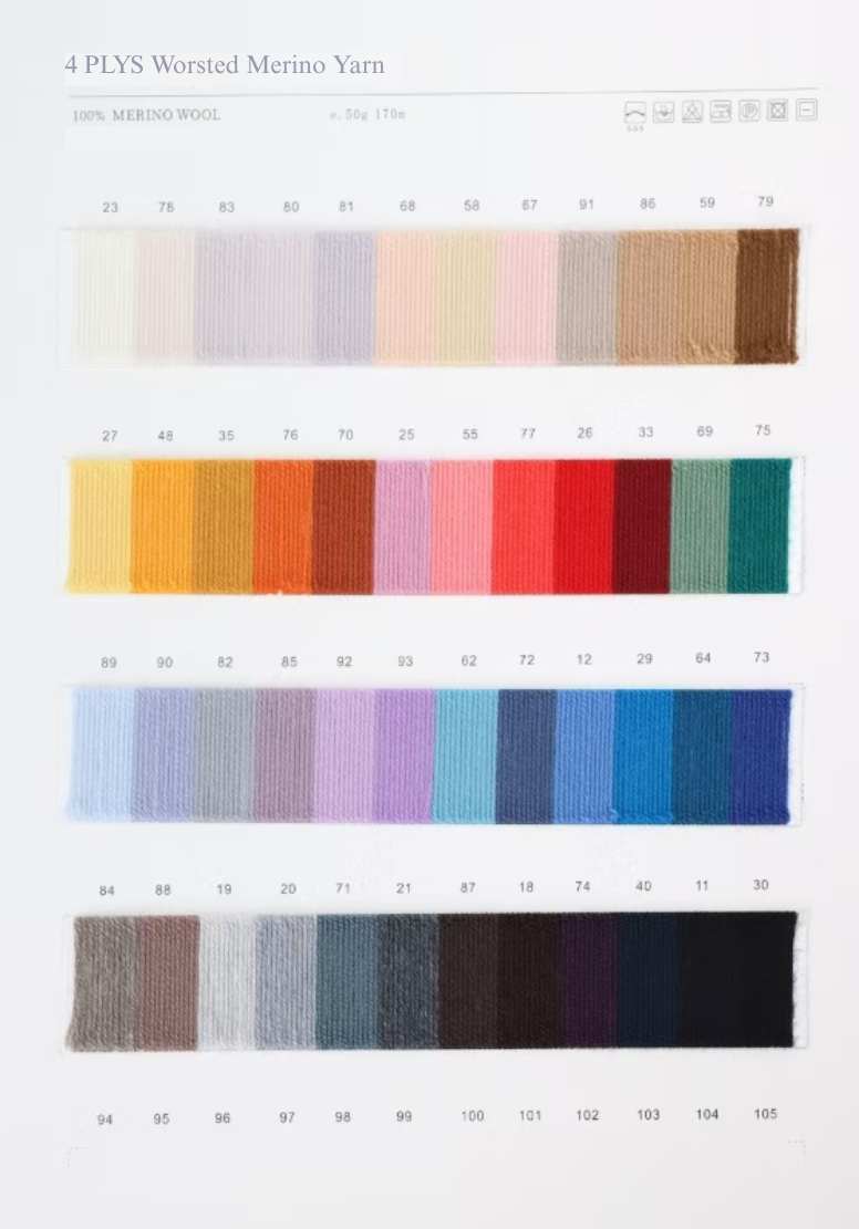 Color Card-4 PLY & 6 PLY Worsted Merino Wool & 4 PLY Woollen Merino Wool